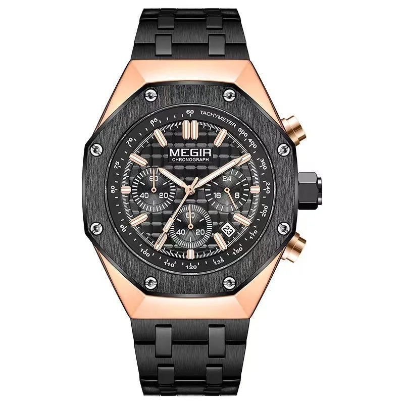 Men's waterproof quartz watch showing three strap options: blue silicone, rose gold edged black steel, and all black steel