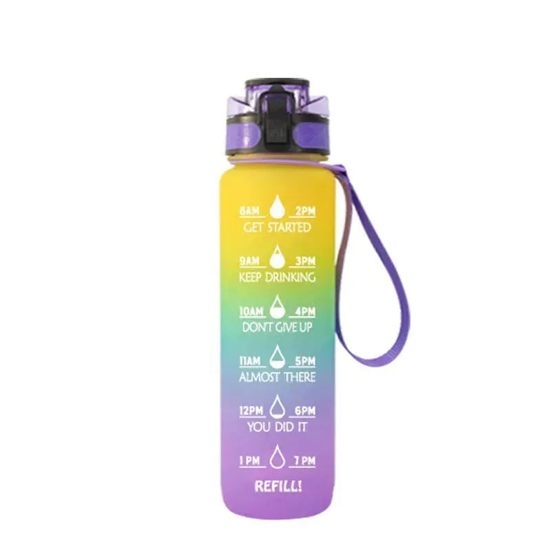 Transparent 1000ml sports water bottle with fruit infuser lid showing BPA-free Tritan plastic construction