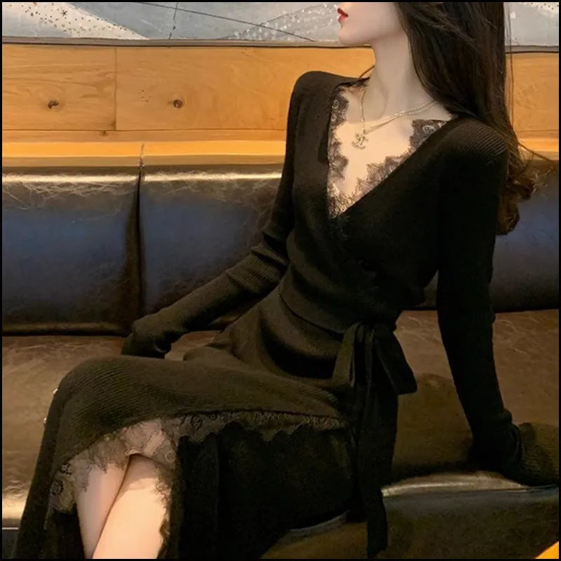 Black women's slim fit woolen skirt with a princess dress silhouette on a mannequin.