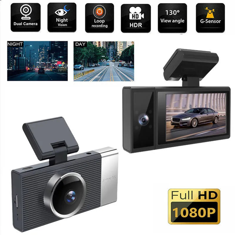 WiFi three lens driving recorder with 3-inch screen on a car dashboard.