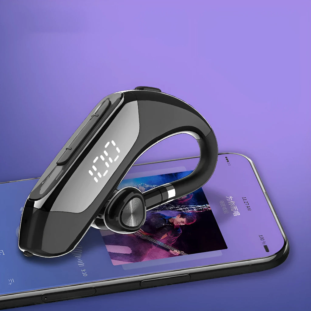 Bluetooth 5.1 wireless earphones in Chinese red with ear-hook design and power display