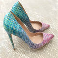 Women's pink-to-blue gradient patent leather high-heeled shoes with a pointed toe.