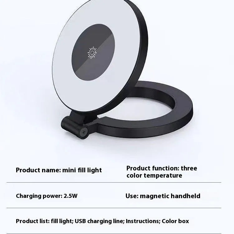 Mini LED fill light, black, with three-gear adjustment and magnetic back, 70mm x 60mm, rechargeable via USB