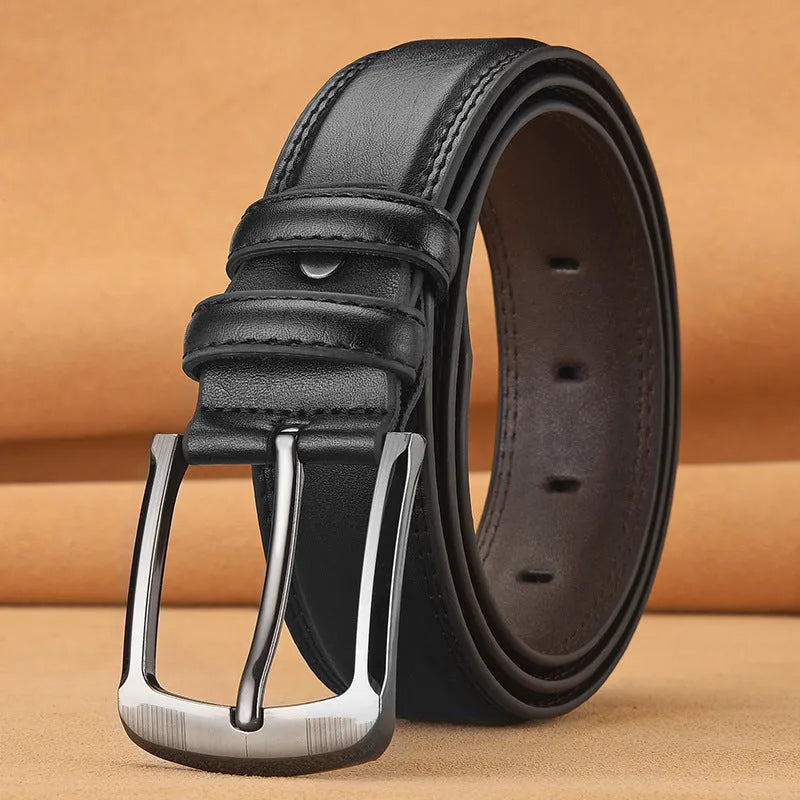 Men's genuine two-layer cowhide pin buckle belt with alloy buckle, in black, brown or orange, 110-125cm.