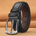 Men's genuine two-layer cowhide pin buckle belt with alloy buckle, in black, brown or orange, 110-125cm.