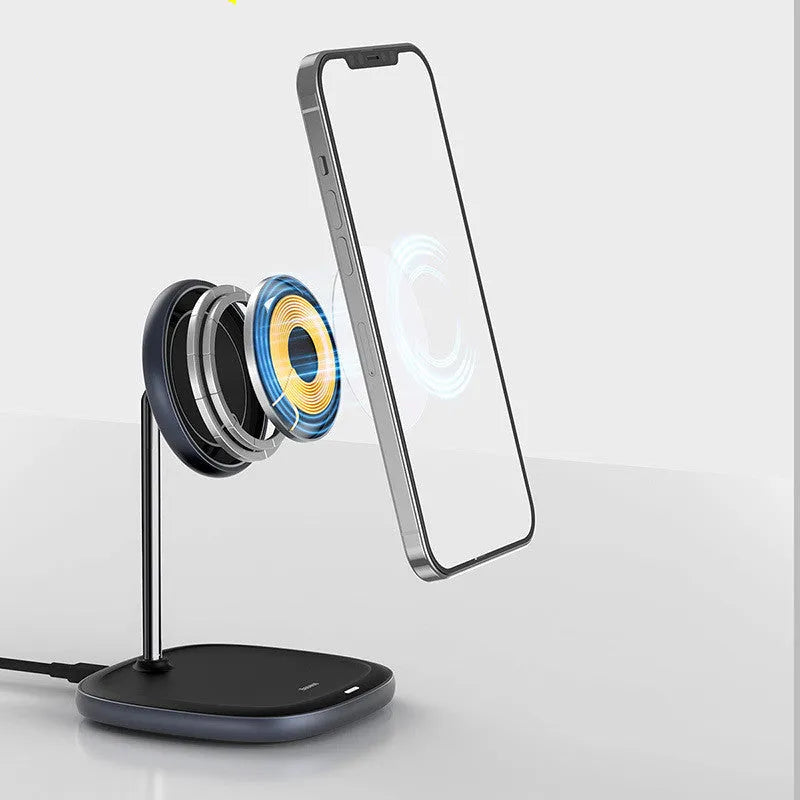 Swan black magnetic desktop wireless charging stand for iPhone 12 with included Type-C cable.