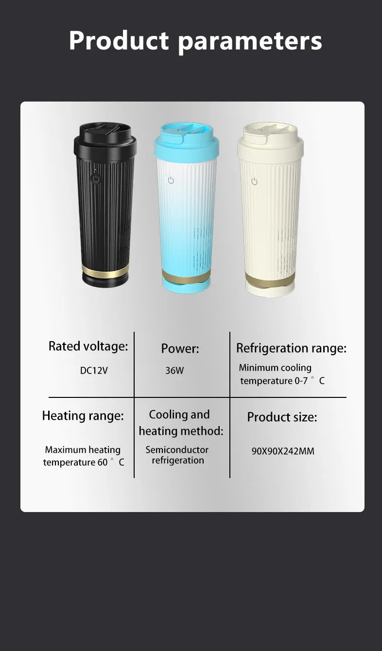 Black 36W car-mounted smart heating and cooling cup with 12V plug, size 111x96x235mm