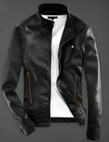 Men black PU leather biker jacket slim fit front view sizes S to 3XL
