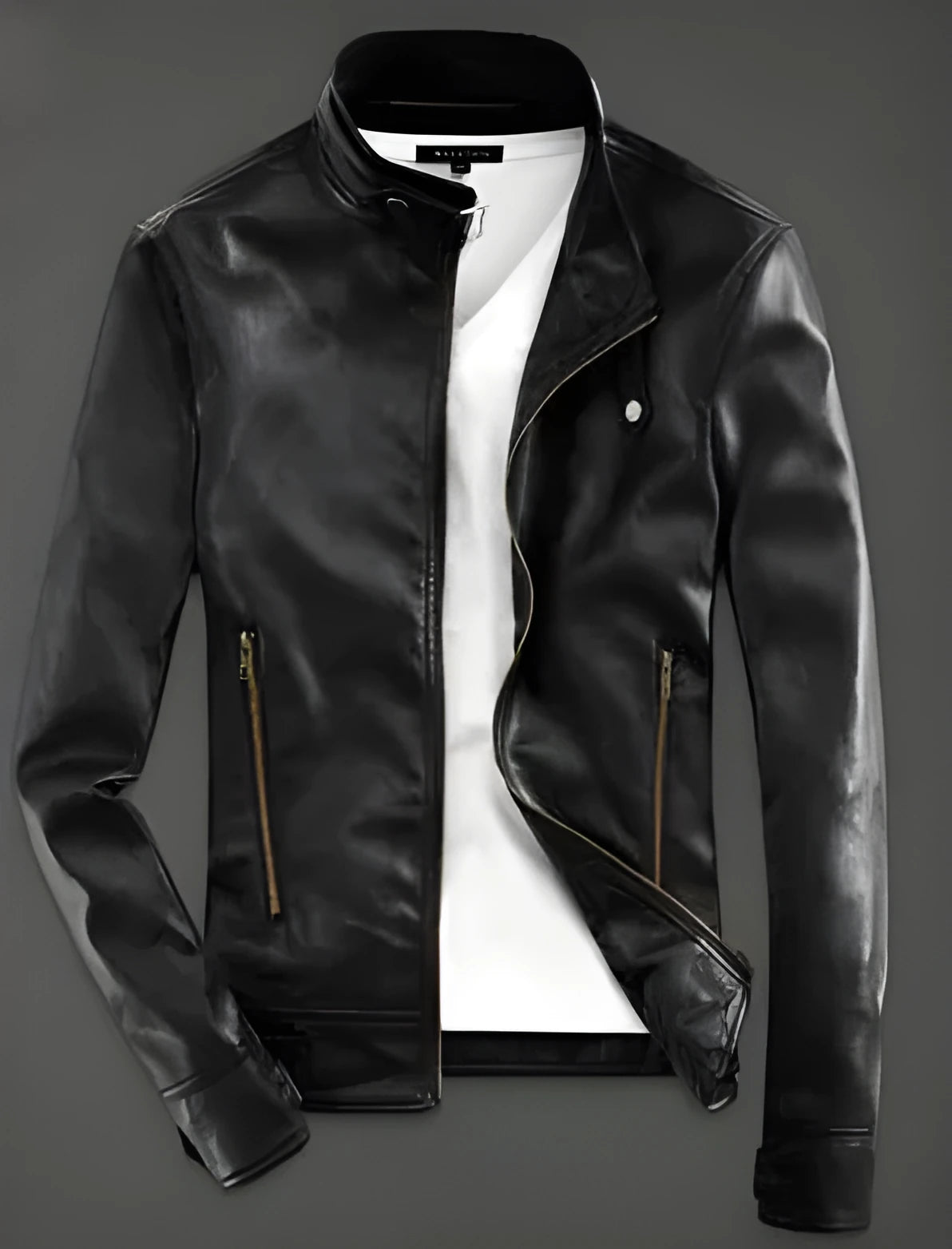 Men black PU leather biker jacket slim fit front view sizes S to 3XL