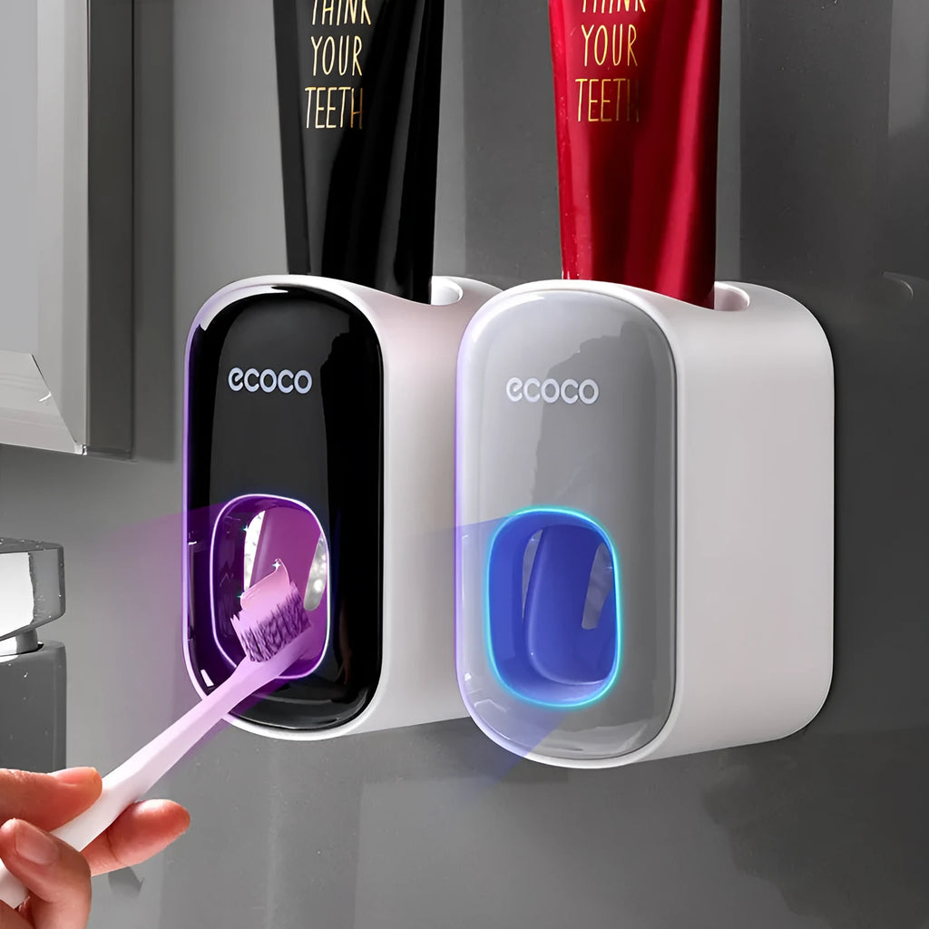 Wall mounted automatic toothpaste dispenser and toothbrush holder set with suction cup mounting