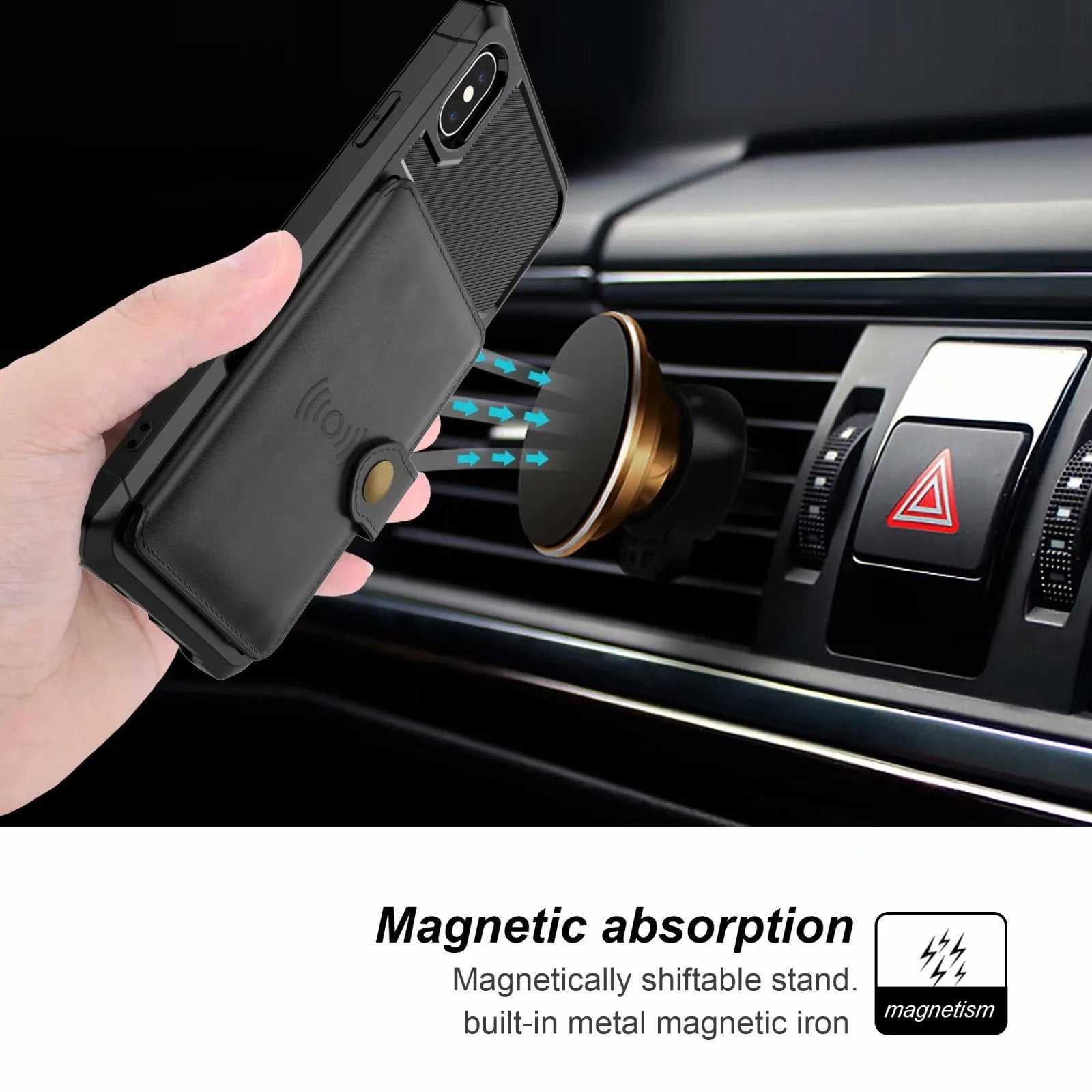 Car magnetic protection cover in black PU leather with built-in metal magnetic iron and shiftable stand