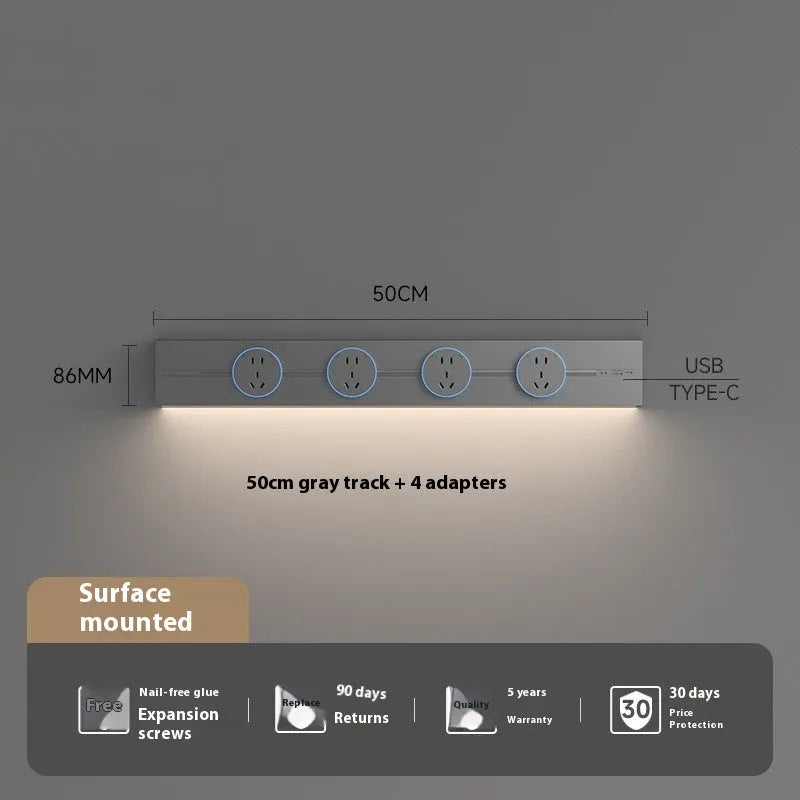 Induction lamp rail socket in black on a sideboard cabinet track with white background