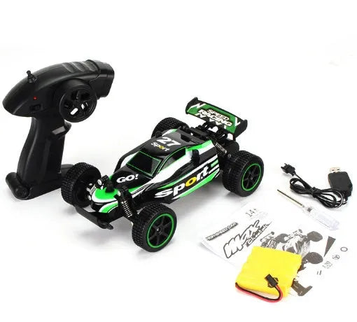 Blue 1:18 scale remote control off-road drift car with 2.4Ghz transmitter on a flat surface.