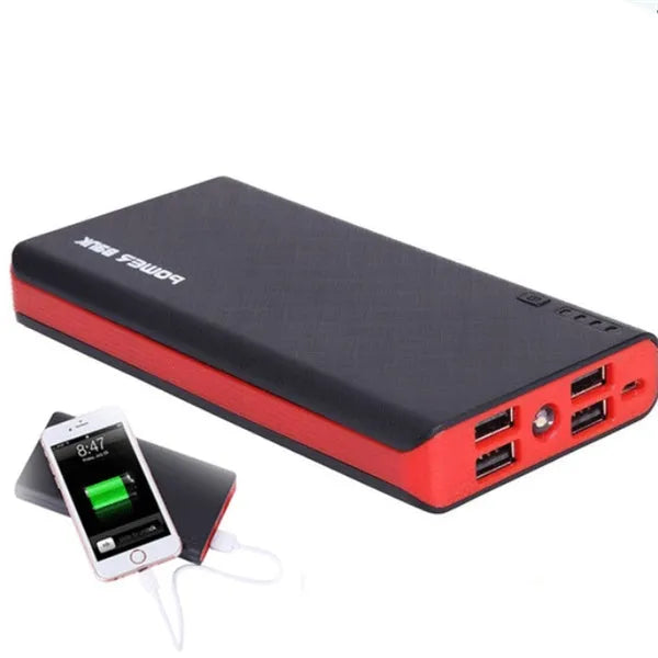 Blue 20000mAh portable power bank with two USB output ports and a micro-USB input port on a white background.