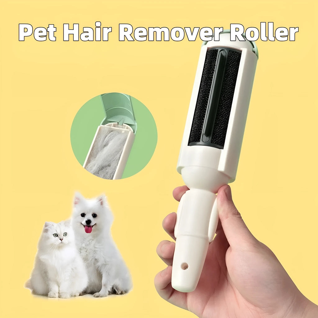 White green pet hair remover roller with self-cleaning base and non-slip handle on a carpet.