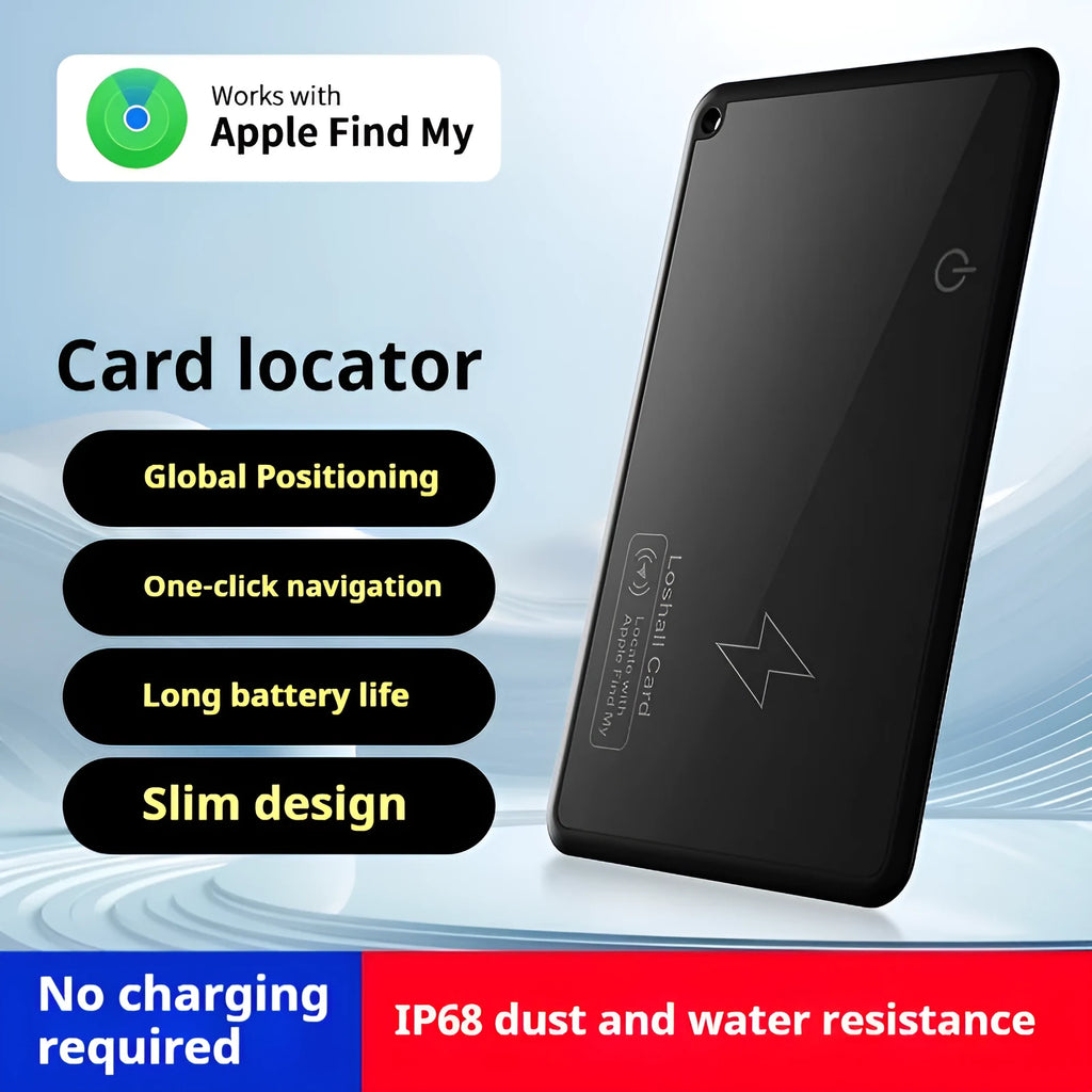 Black locator smart wallet anti-loss alarm device made of ABS material measuring 85x54x3.28mm with 200mAh battery