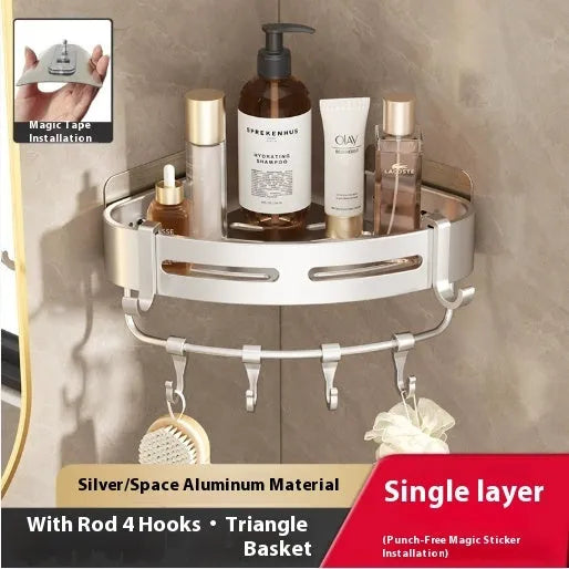 Gun Gray metal corner storage rack mounted on a bathroom wall, holding toiletries.