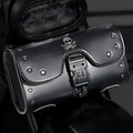 Black PU motorcycle pannier saddlebag mounted on the side of a retro-style bike.