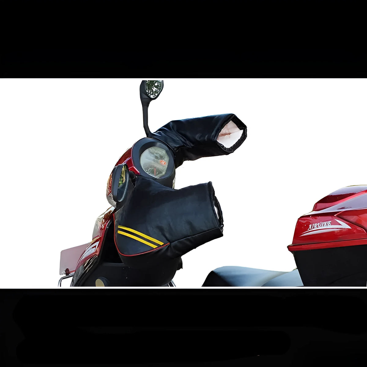 Black leather motorcycle handlebar muffs with widened sleeve mouth for winter scooter and curved beam bike use