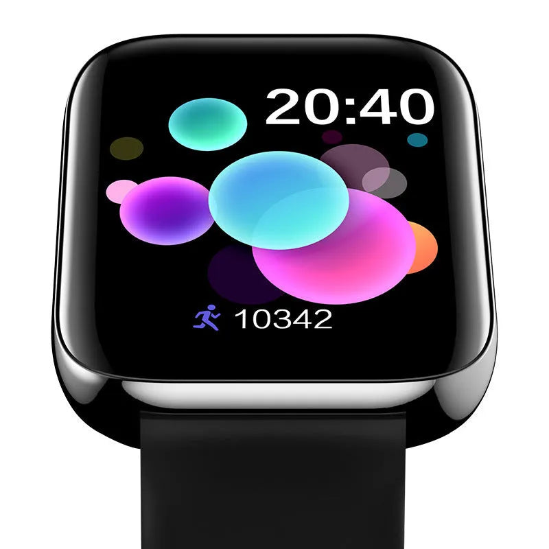 Smart bracelet with colour screen on a silicone strap, showing Bluetooth call and blood pressure display.