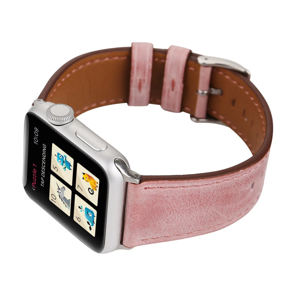Leather watch strap with folding buckle in multiple colour options