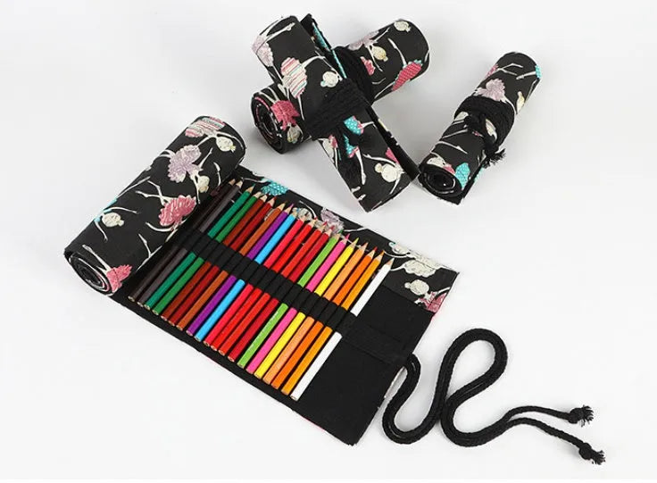 Square canvas rolling pencil case with Ballet Girl print, showing multiple holes for colour pencils.
