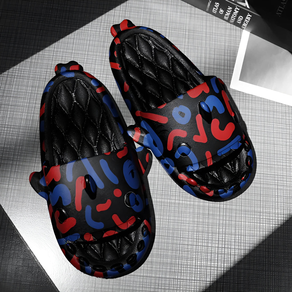 Shark-themed couple EVA slippers in open-toe style on a colour selection background.