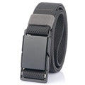 Men's casual belt with a silver magnetic buckle on a dark khaki polyester strap.