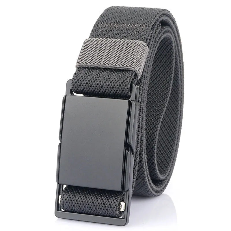 Men's casual belt with a silver magnetic buckle on a dark khaki polyester strap.
