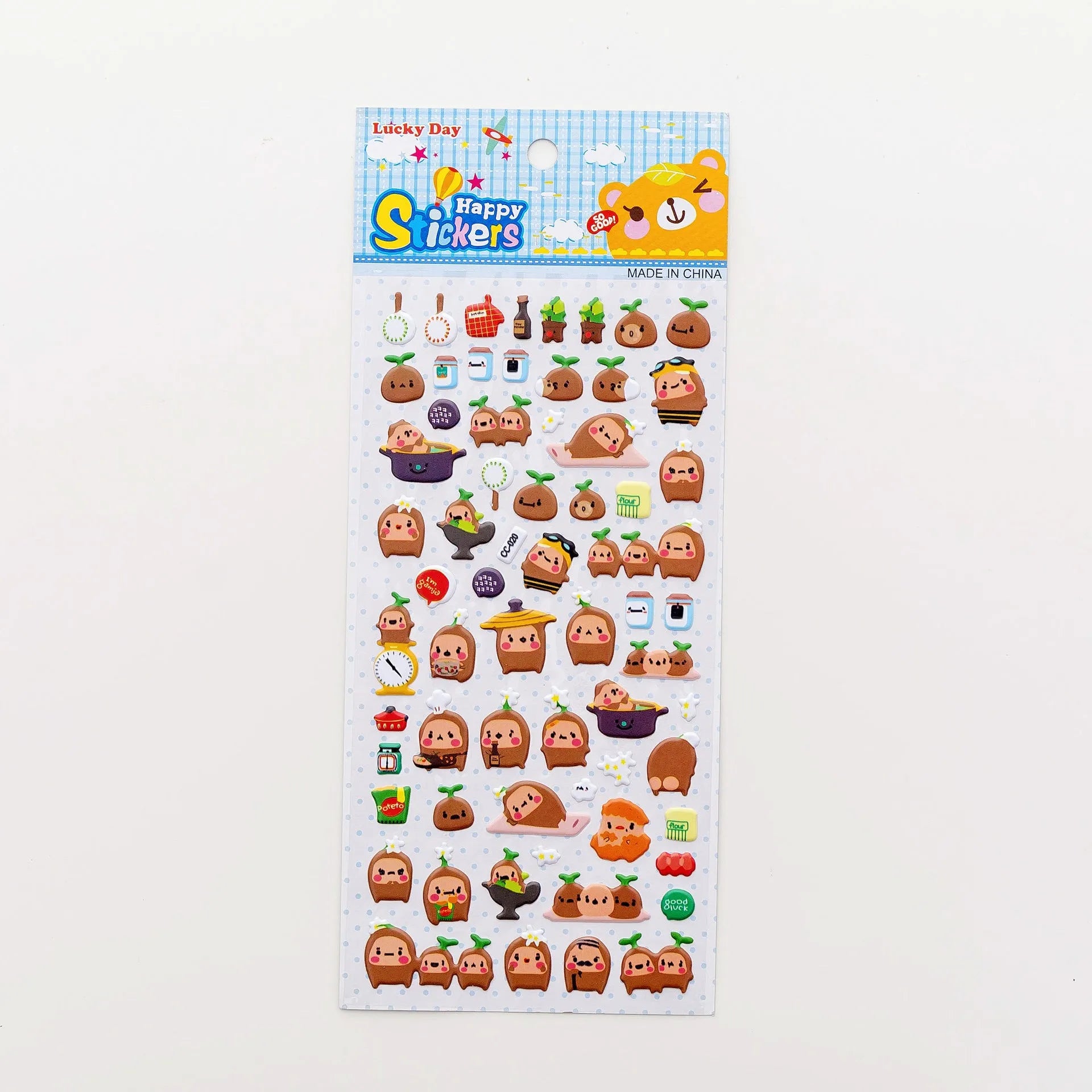 Sheet of cartoon-themed three-dimensional bubble stickers with raised surfaces on various designs like an alpaca, dinosaur, and bow tie cat.