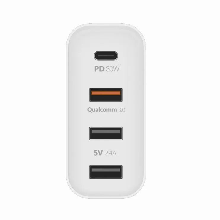 Black 48W USB-C four-port wall charger with UK plug on a white background