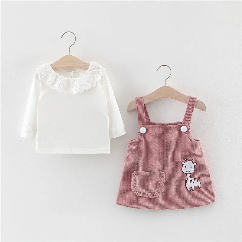 Baby girl cotton suspender dress two piece set in yellow with animal design