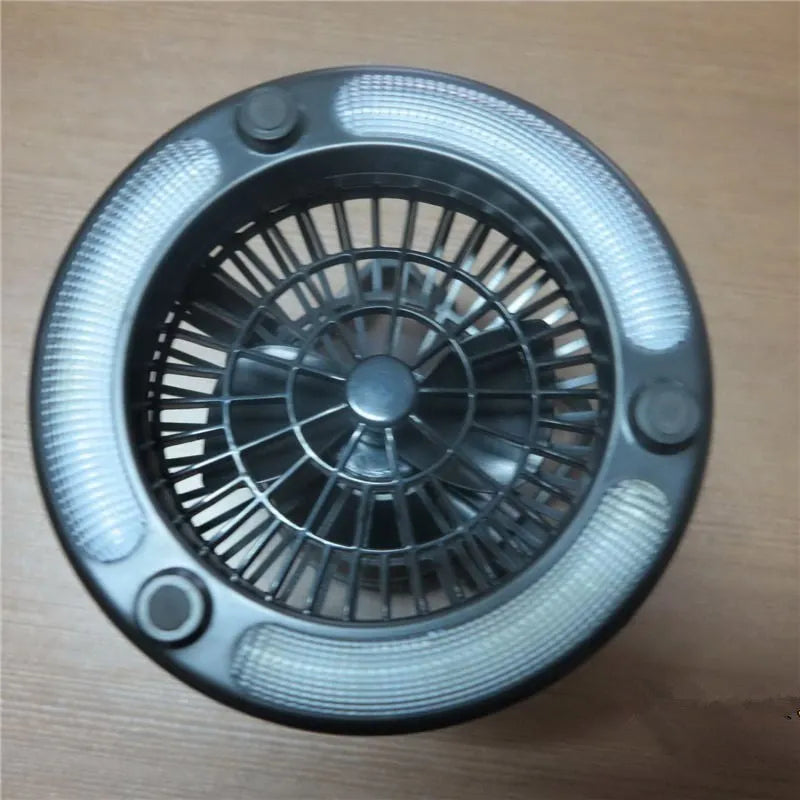 Camp fan lamp in ABS, 167 x 184 mm, with 18 white LEDs, top hook, and 2 D battery compartment