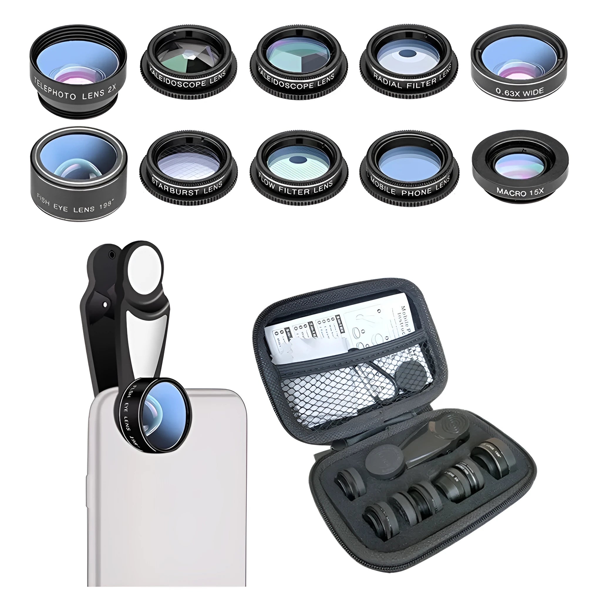 Black 10-in-1 mobile phone camera lens kit with fisheye and external attachments in aluminium-magnesium alloy