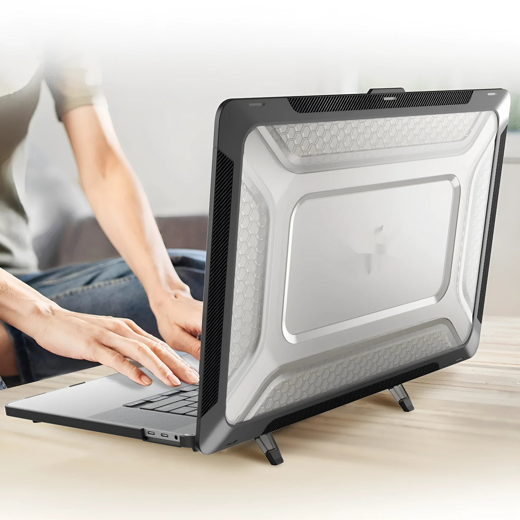 MacBook protective hard shell case in cool black colour on a laptop.