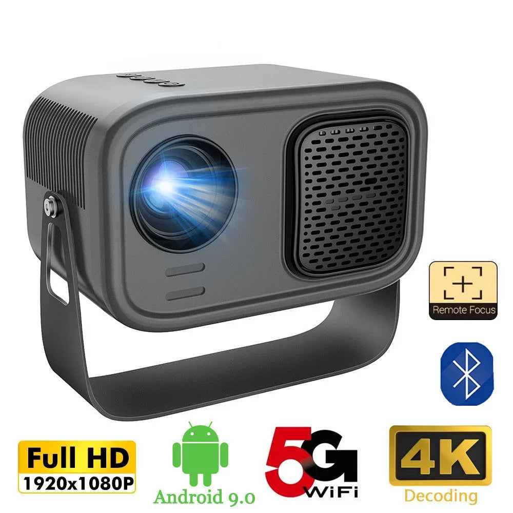 Black portable smart projector with remote control showing 1280x720 HD resolution and Android interface
