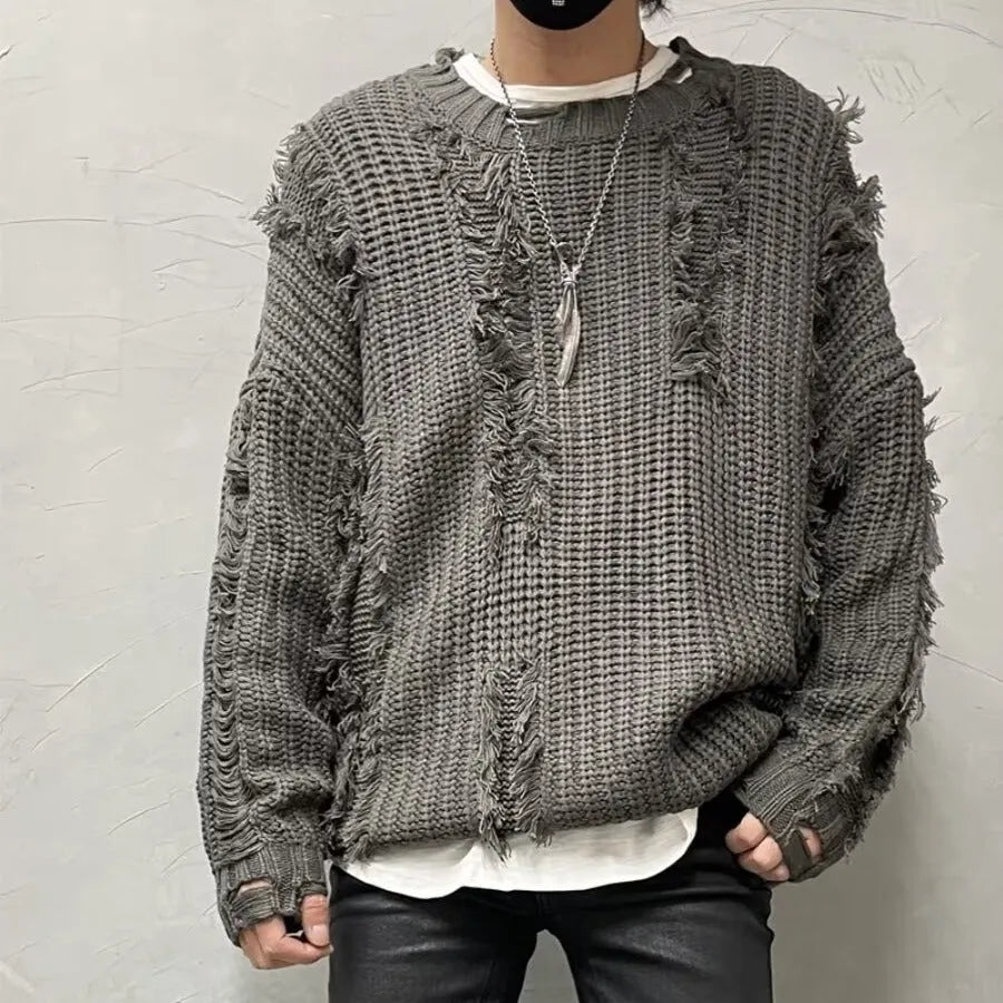 Retro tassel ripped loose knit sweater pullover for youth, cotton blend, available in black and gray