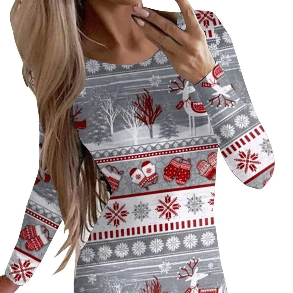 Women's tight-fitting red Christmas dress with animal print pattern, featuring long sleeves and a short hip skirt.