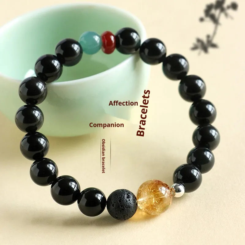 Chinese style obsidian agate jade crystal couple bracelet with 8mm or 10mm natural stone beads
