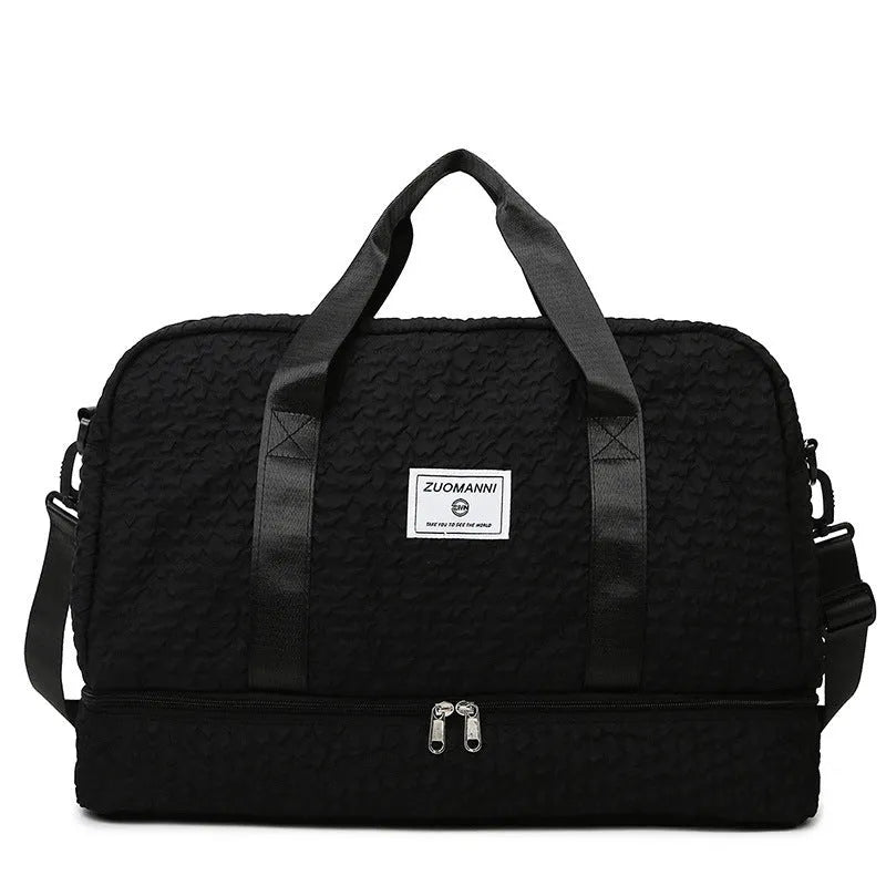 Solid colour Oxford cloth travel duffle bag with ruched design and dry wet separation, shown in a neutral colour