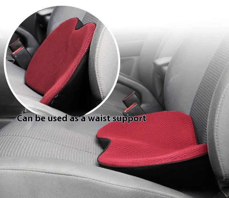 Flat style car seat cushion with memory foam filler, shown in available colours: black, beige, brown, and red.