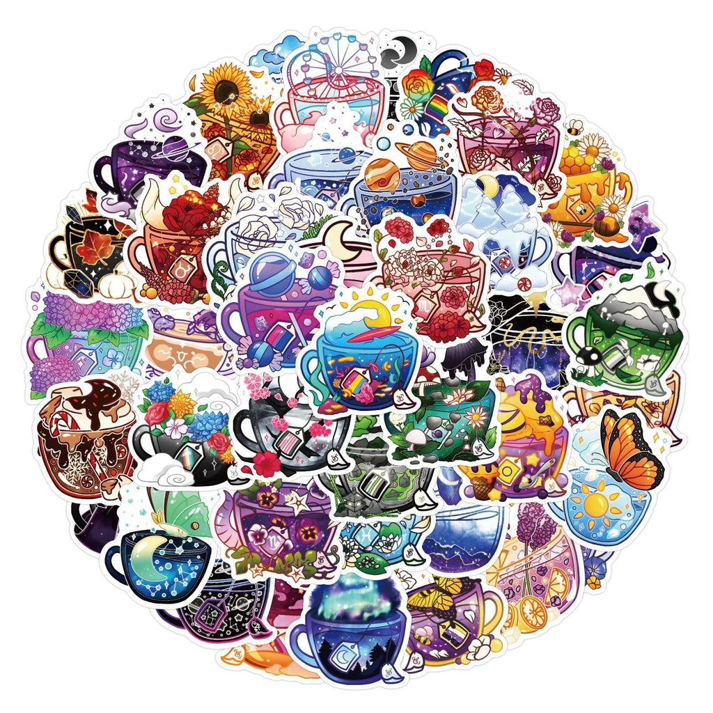 Pack of 50 colourful tea cup graffiti design vinyl stickers for scooters and luggage.