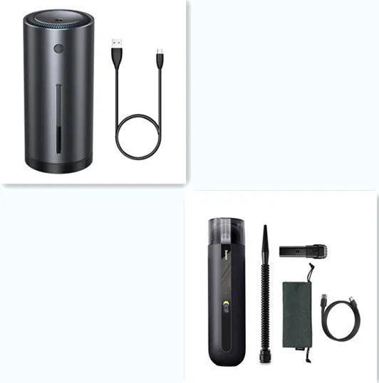 Starry sky black handheld cordless car vacuum cleaner with blowing hose accessory on a desktop.