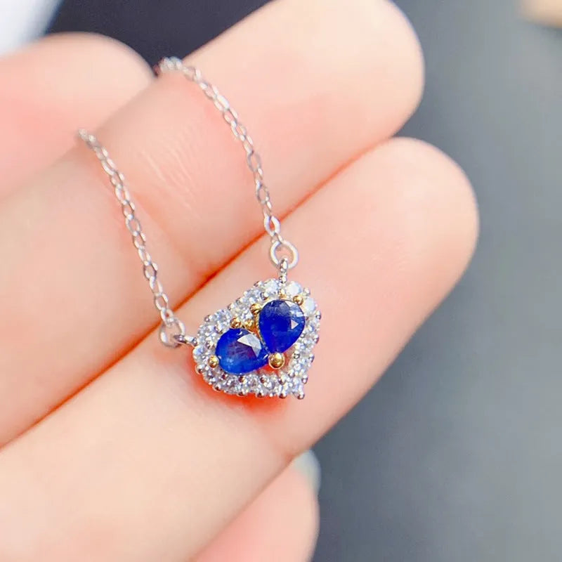 Natural sapphire heart pendant necklace in 925 sterling silver, white gold colour, gemstone inlay, casual style
