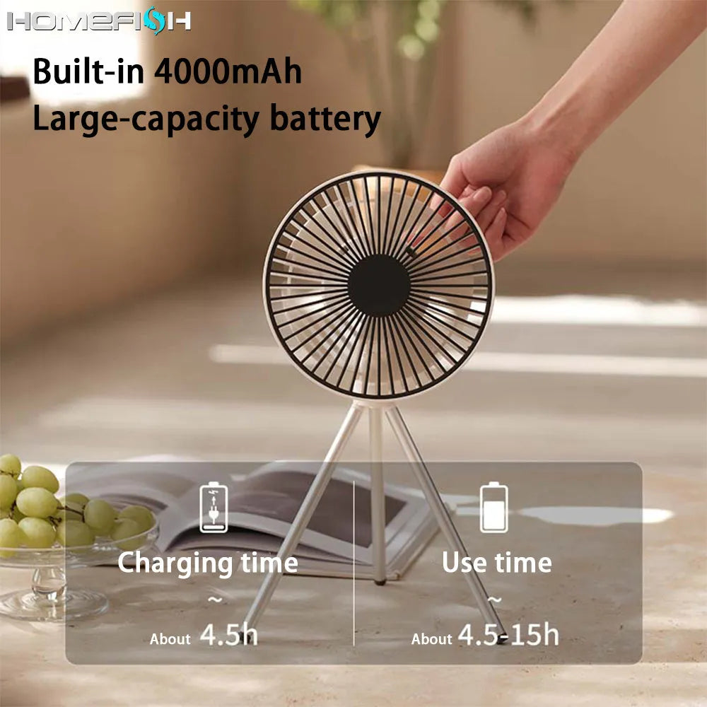 White tripod camping fan on a desk, with USB cable and adjustable speed dial
