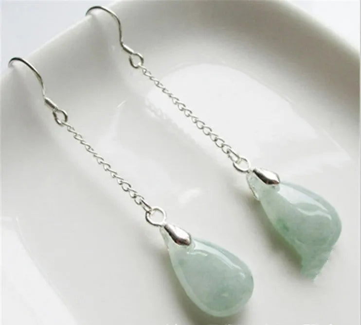 Natural Burmese jade drop earrings for women, green gemstone, 17x10mm dangle earrings