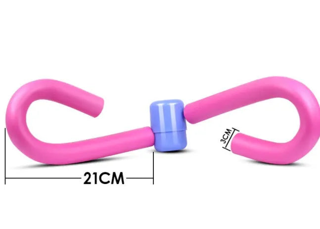 PVC leg exercise clip with steel spring and foam padding in pink, purple, blue, or grey.