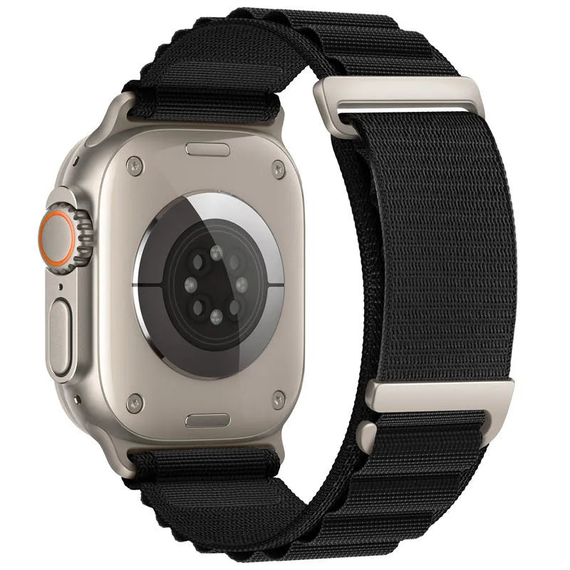 Nylon loop watch strap for Apple Watch, two sections, black colour, 38-49mm size options