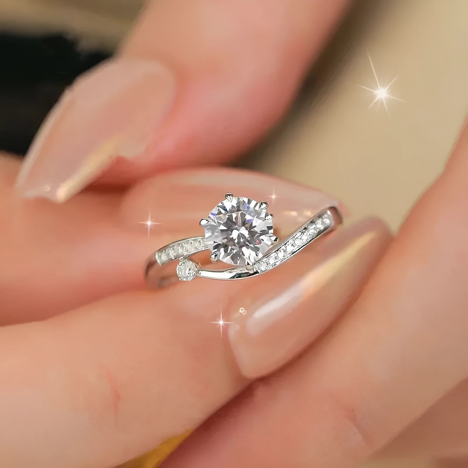 S925 sterling silver starry track ring with 1-karat oval plum blossom cut moissanite stone on white background