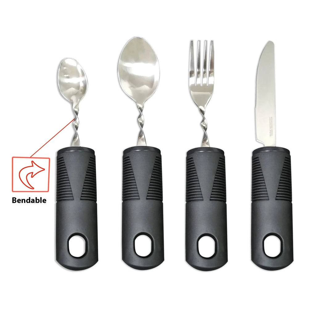 Stainless steel adaptive knife, fork, and spoon with black rubber handle for assisted eating.